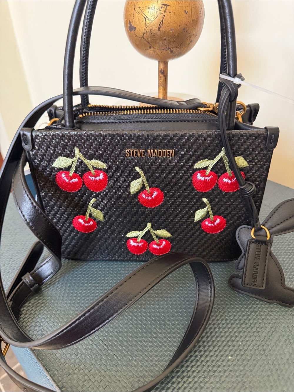 Steve Madden BCNY Cherry Embroidered Woven Crossbody Satchel Bag NWT Bunny Charm - Picture 2 of 9